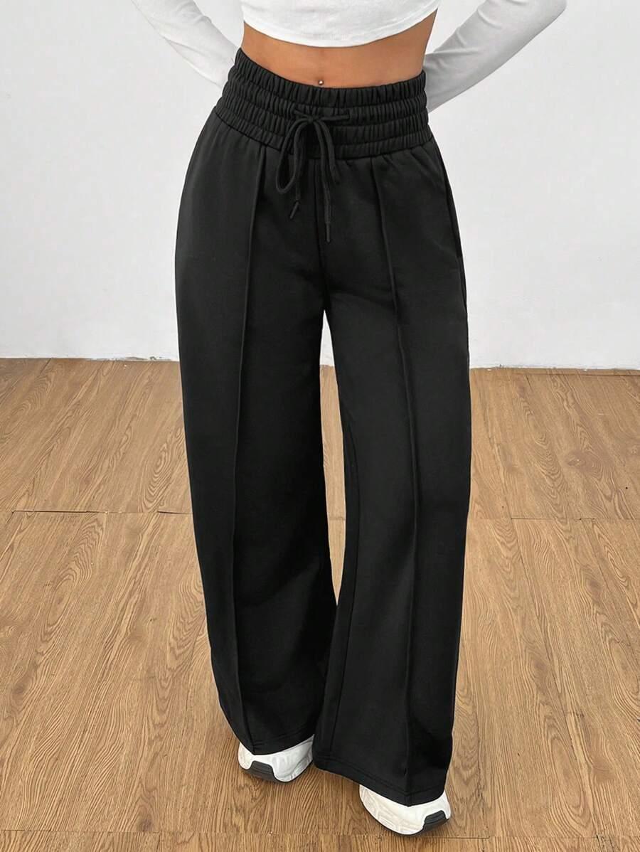solid black drawstring waist wide leg sweatpants