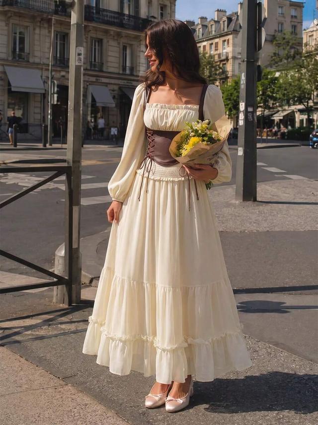 cream lantern sleeve blouse with brown pu corset detail