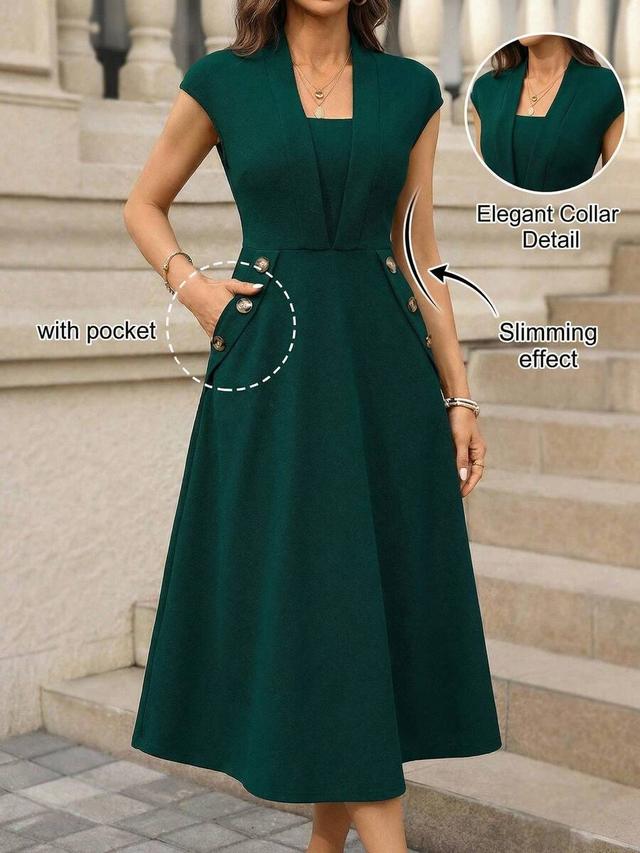 elegant dark green square neck midi dress