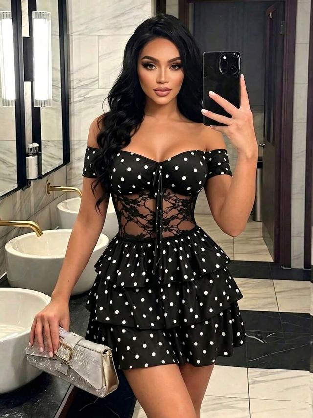 black and white polka dot off-shoulder mini dress