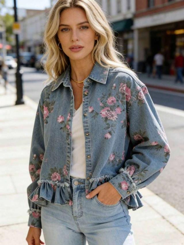 floral print distressed denim ruffle hem jacket