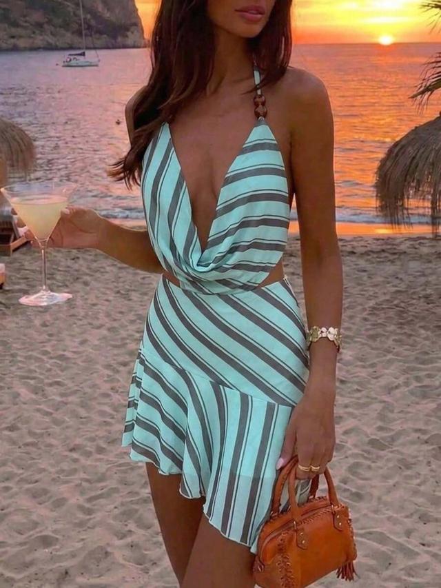 light grey striped backless halter asymmetric hem dress