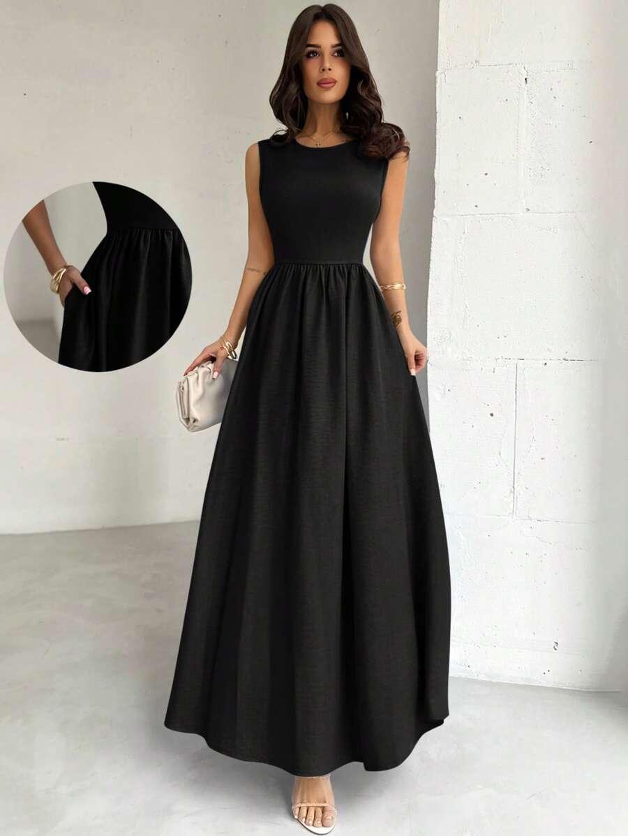 black sleeveless fitted waist a-line long dress