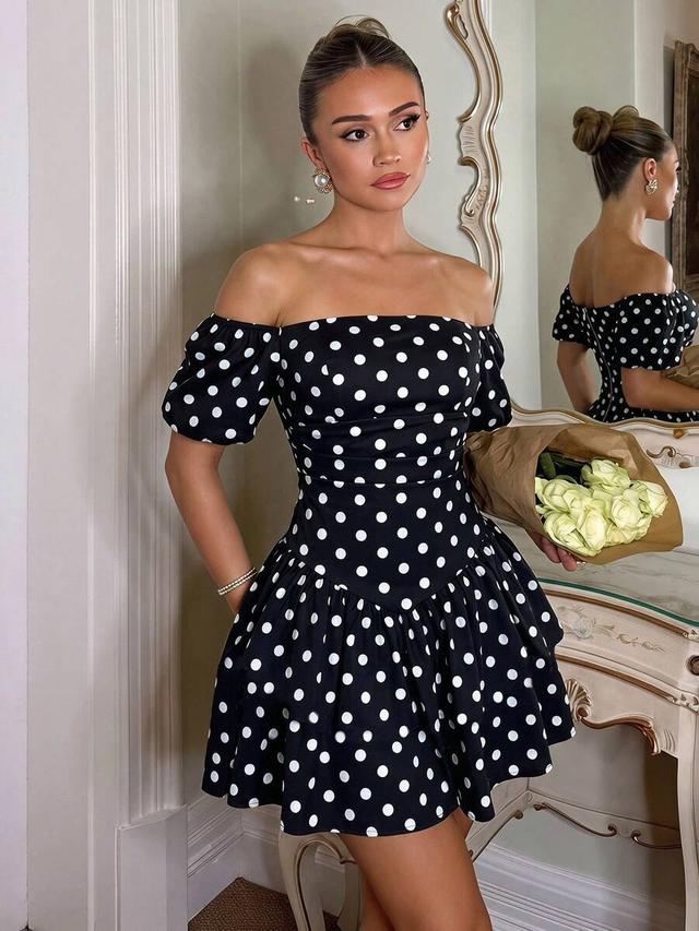black and white polka dot off-shoulder mini dress