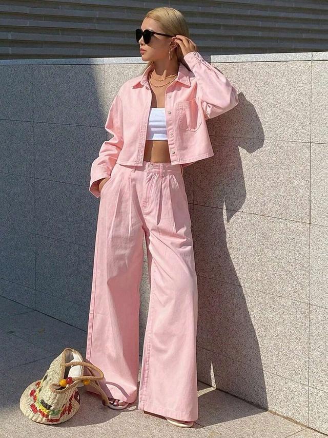 pink collared cropped shirt and straight-leg pants set