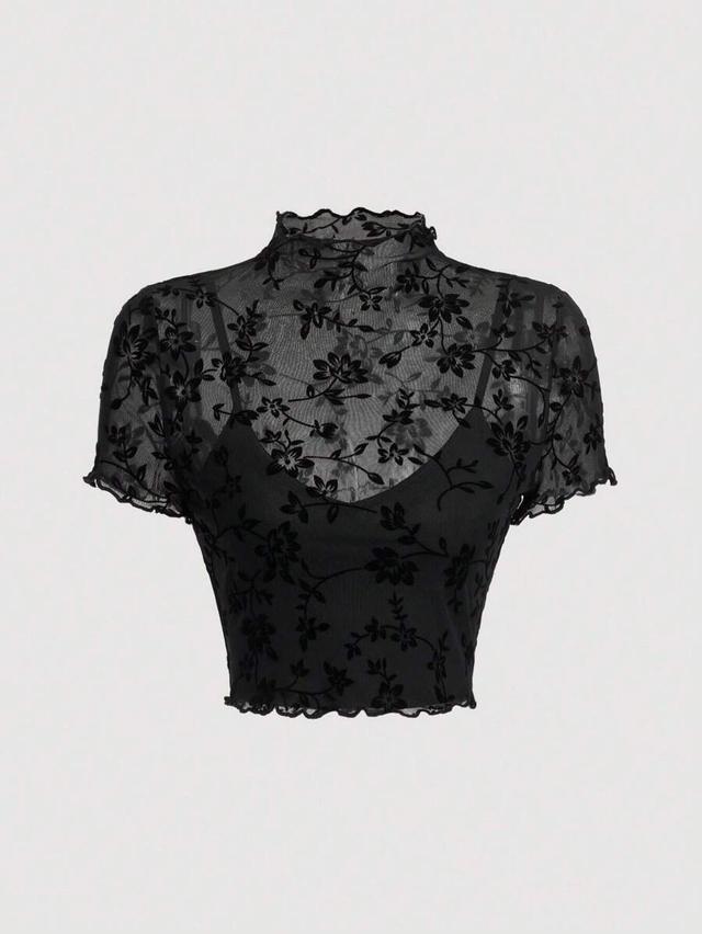 black floral print lettuce trim mesh overlay top