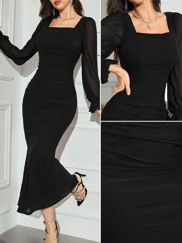 elegant black mesh long sleeve slim evening dress