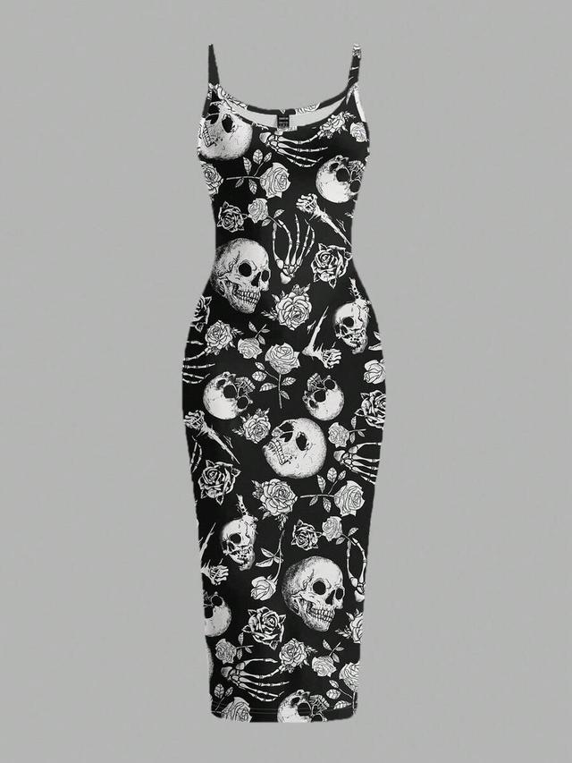 skull and rose print bodycon midi dress