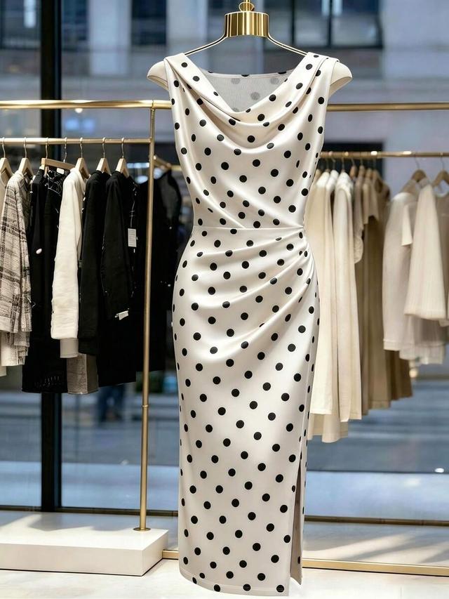 elegant romantic satin polka dot sleeveless pleated dress