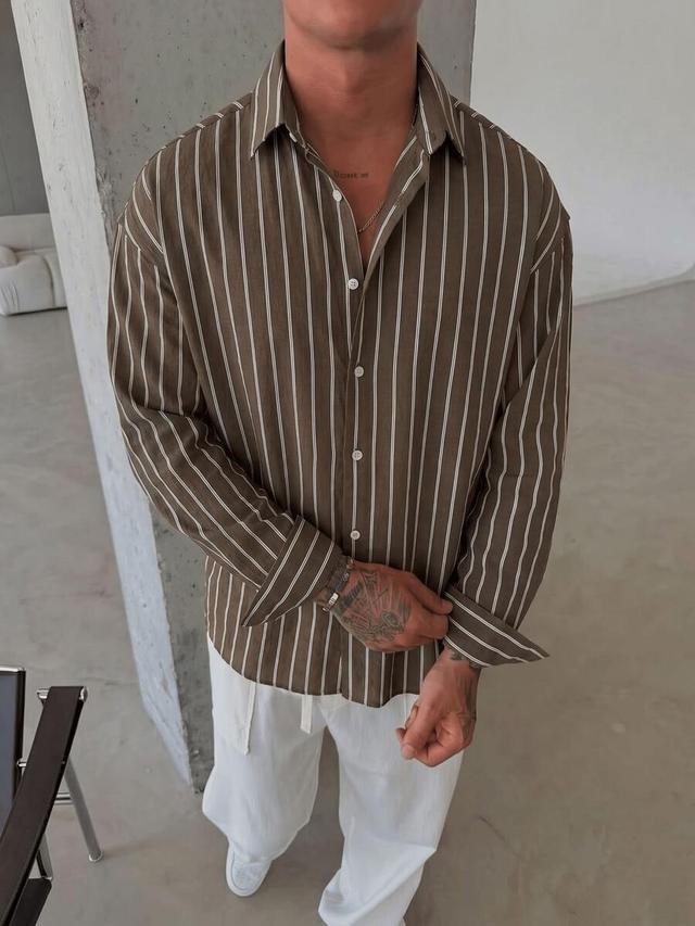men's brown striped long sleeve casual shirt
