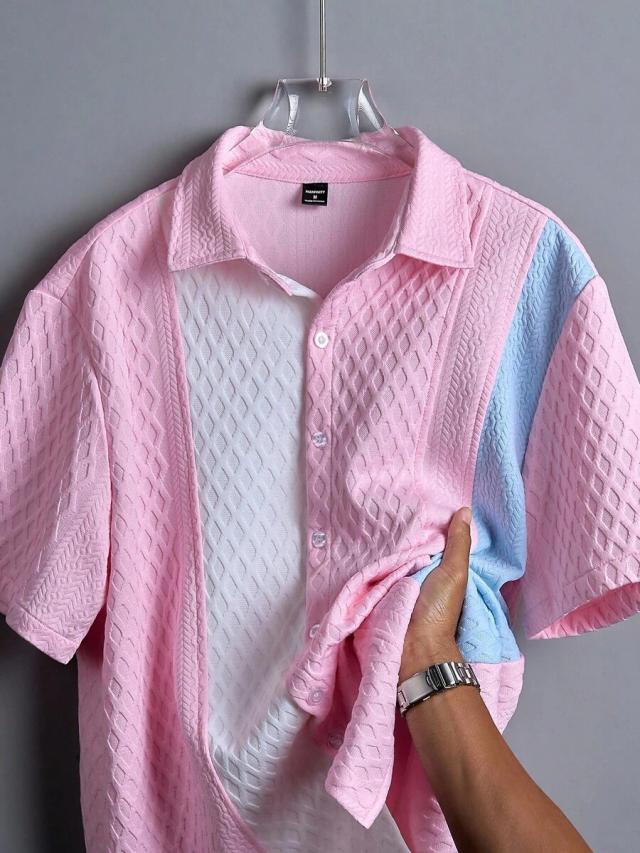 pink blue white manfinity homme contrast color textured short sleeve shirt