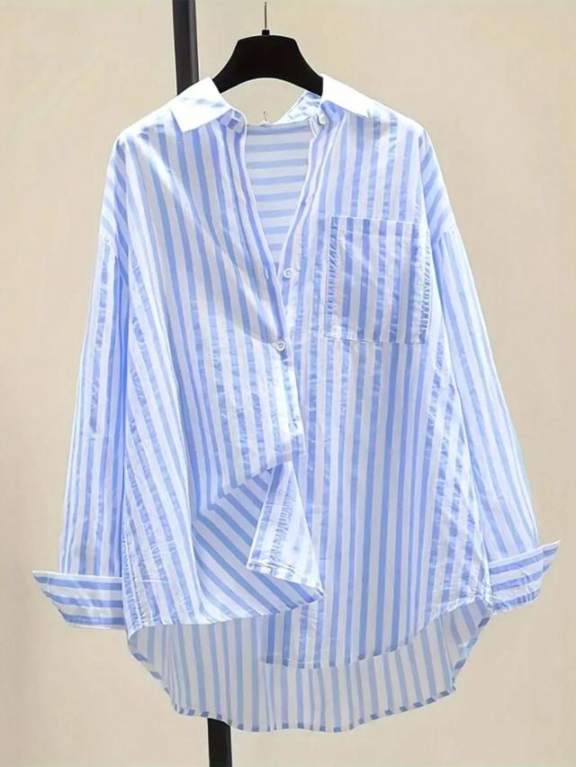 casual blue and white striped long sleeve shirt