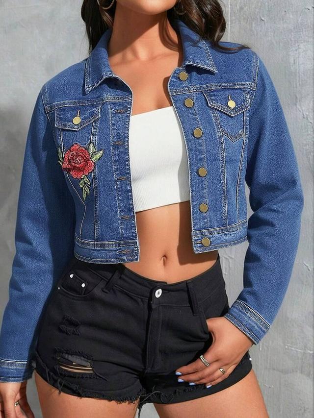 women's elegant rose embroidery denim biker jacket