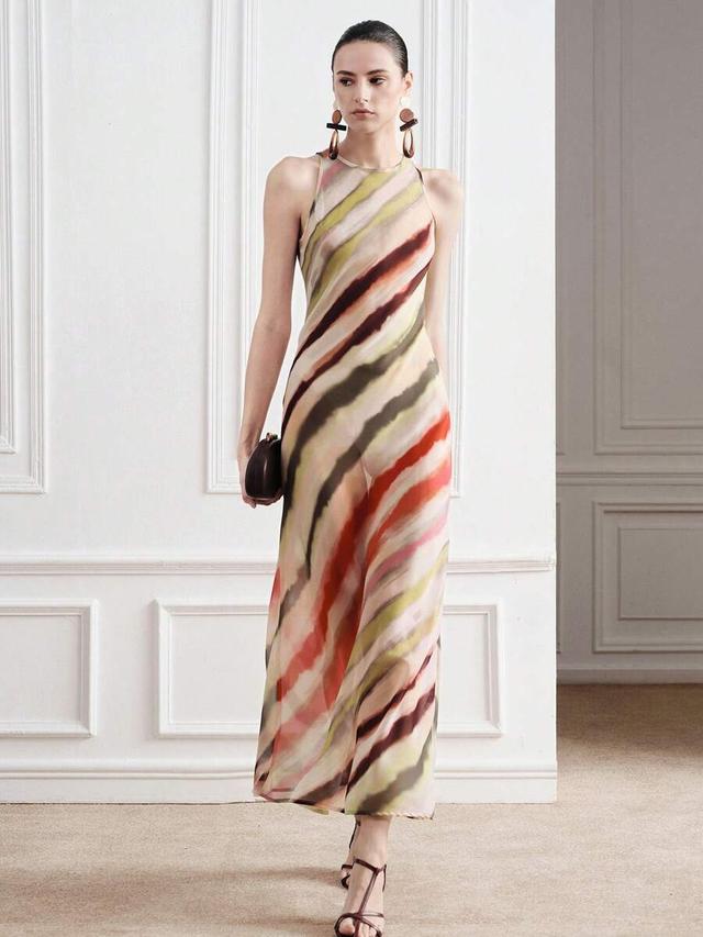 beige rainbow tie dye chiffon sleeveless maxi dress