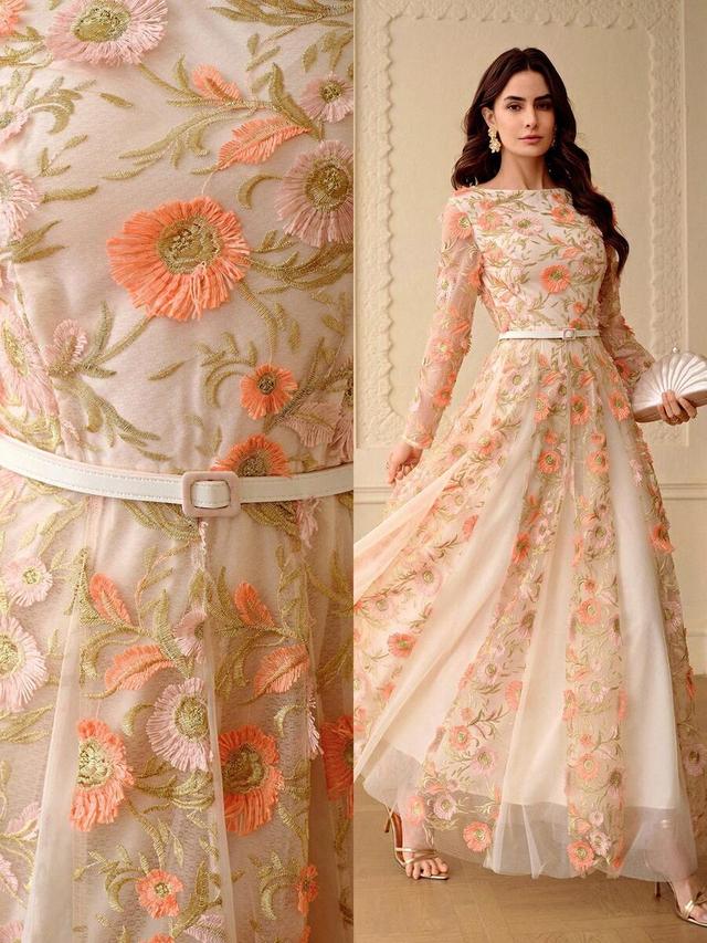 zeylah jacquard patchwork mesh floral embroidered dress