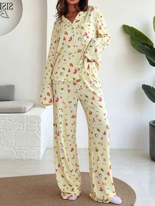 women's fruit print collared long sleeve pajama set