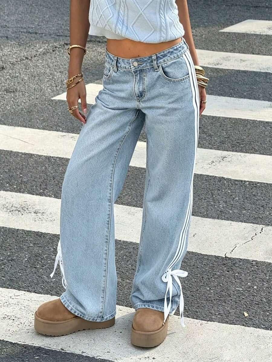 light wash denim jeans with side stripe and ties