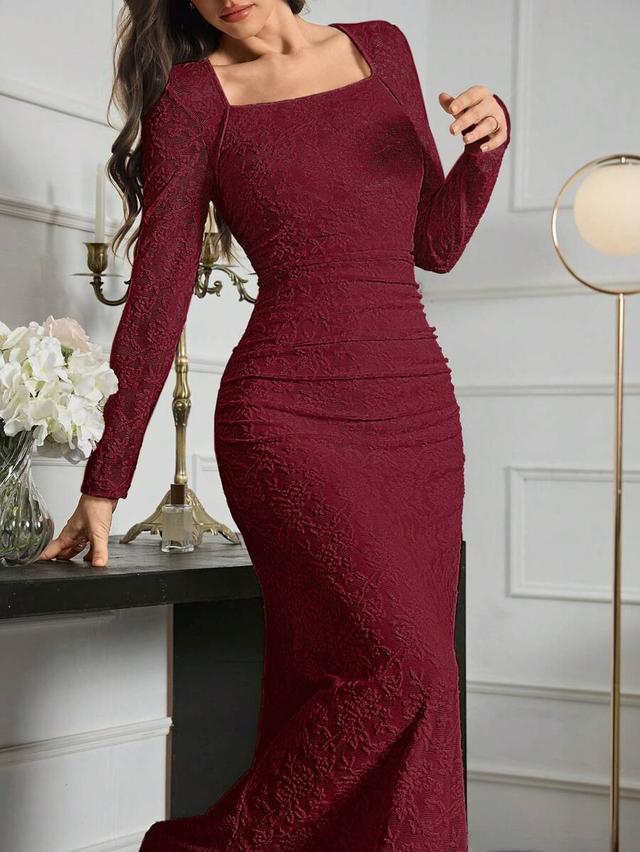 elegant burgundy lace slim fit long evening dress
