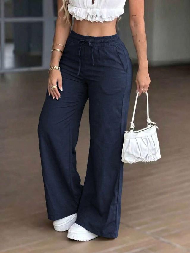 navy blue drawstring linen-style wide leg pants