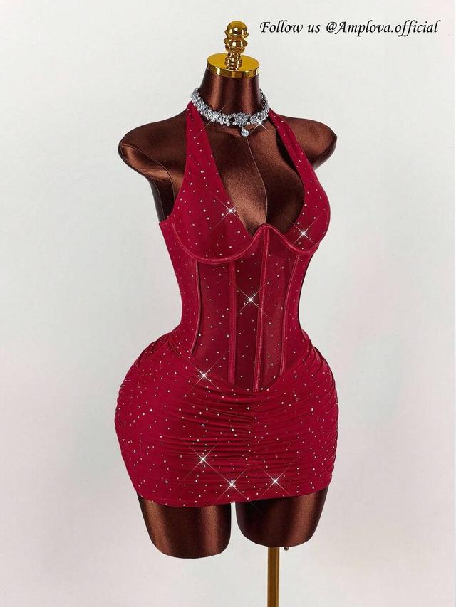 dark red rhinestone halter corset mini party dress