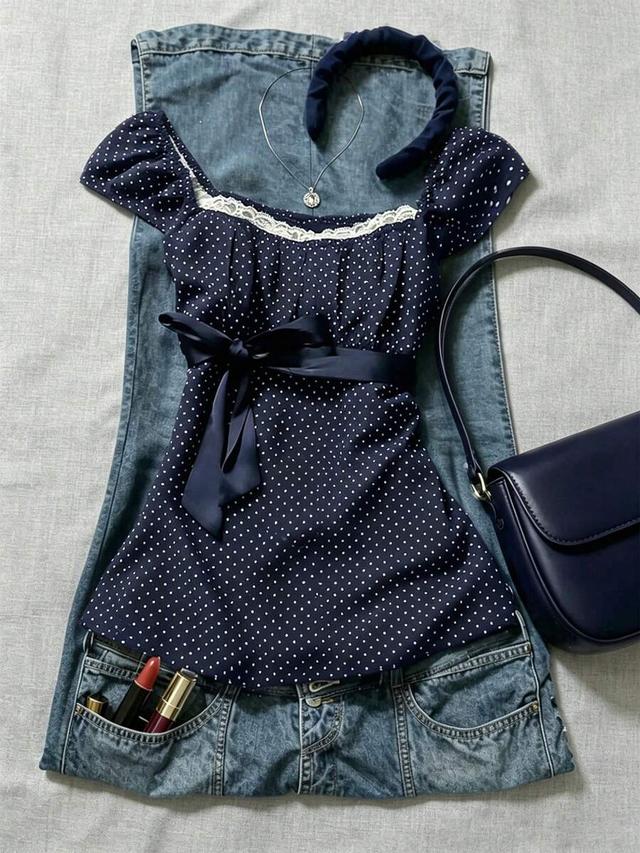 navy blue polka dot square collar petal sleeve blouse