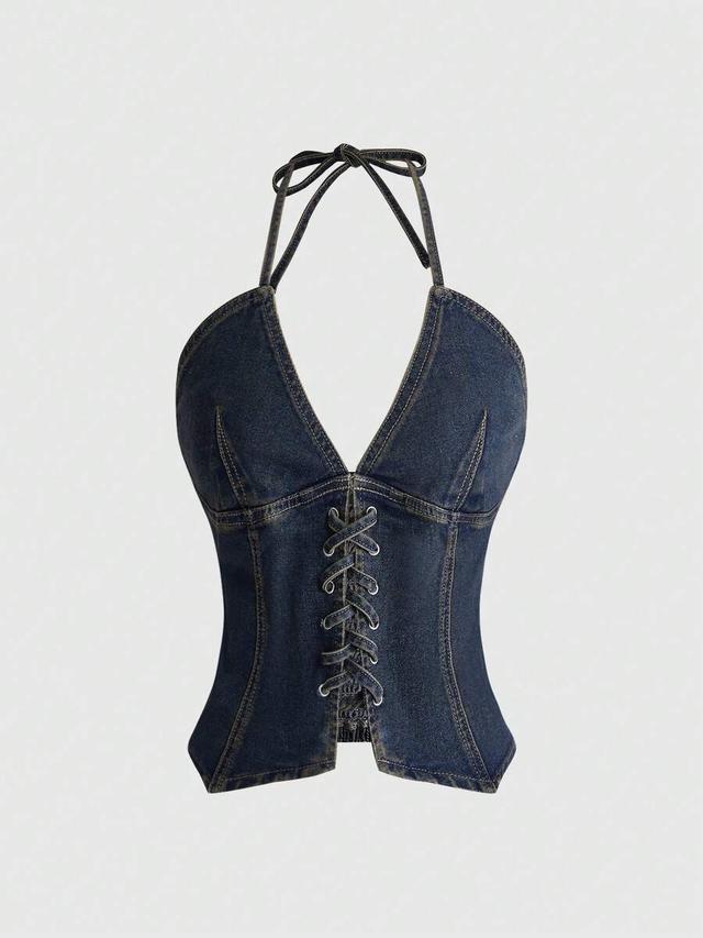 y2k front lace-up asymmetrical denim halter tank top