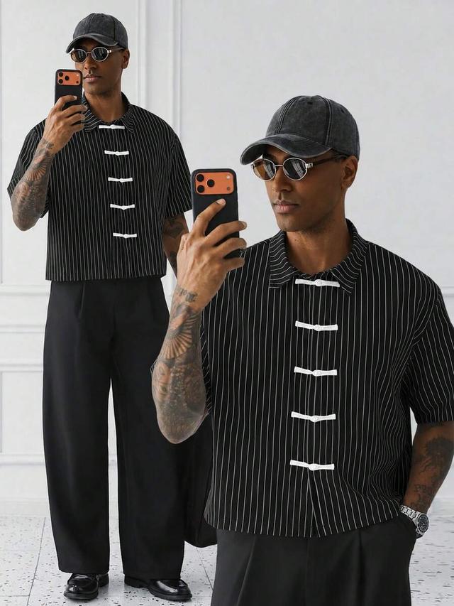 men's short sleeve striped retro shirt with frog buttons