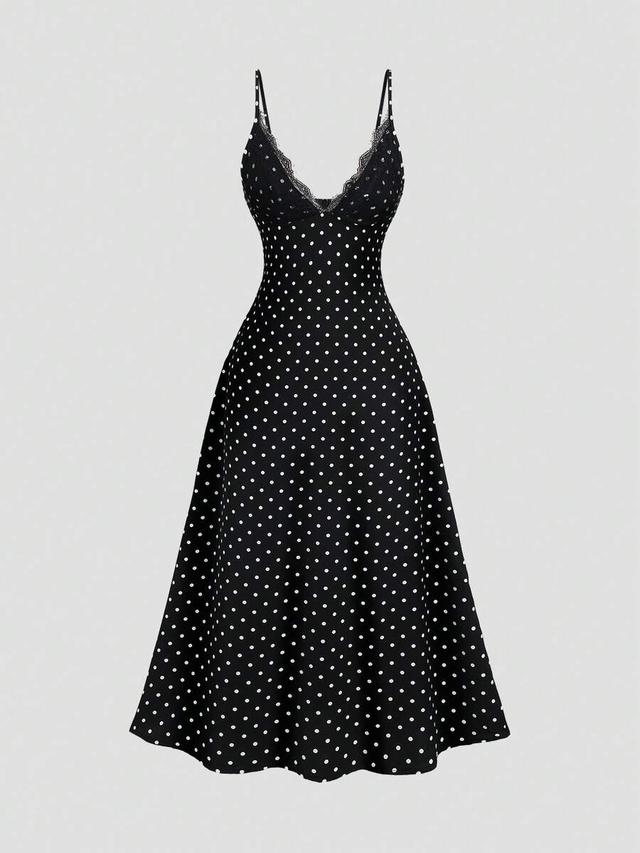 black and white polka dot lace trim midi dress