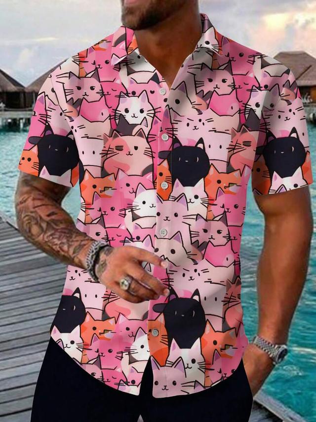 casual cat print short sleeve button down shirt