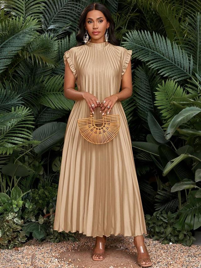 khaki satin pleated flutter sleeve long dress