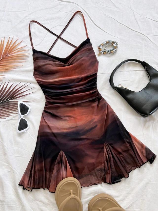 soleia dark brown spaghetti strap mesh mini dress