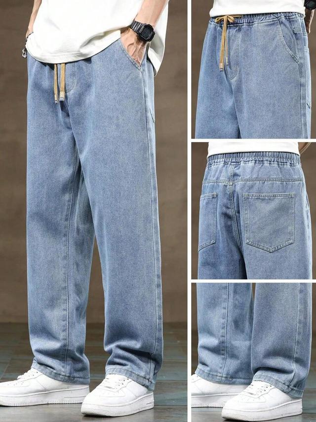 men's washed denim drawstring elastic waist straight leg jeans