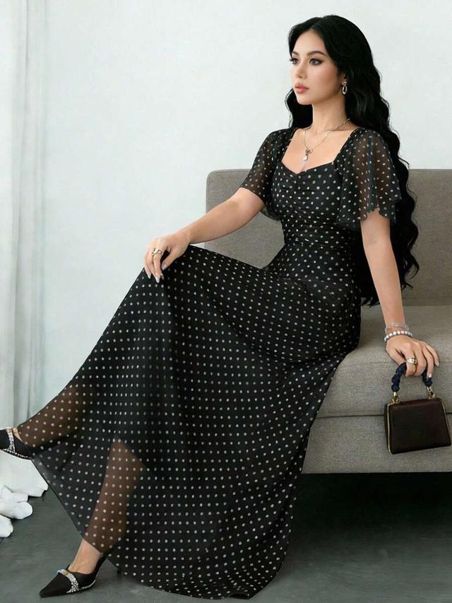 black polka dot print square neck flutter sleeve dress