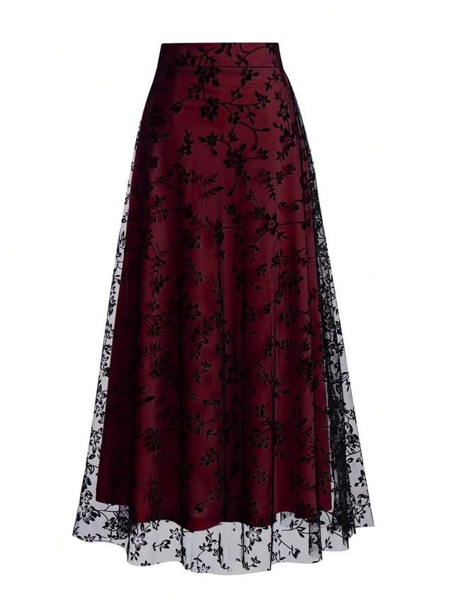 burgundy floral embroidered mesh a-line skirt