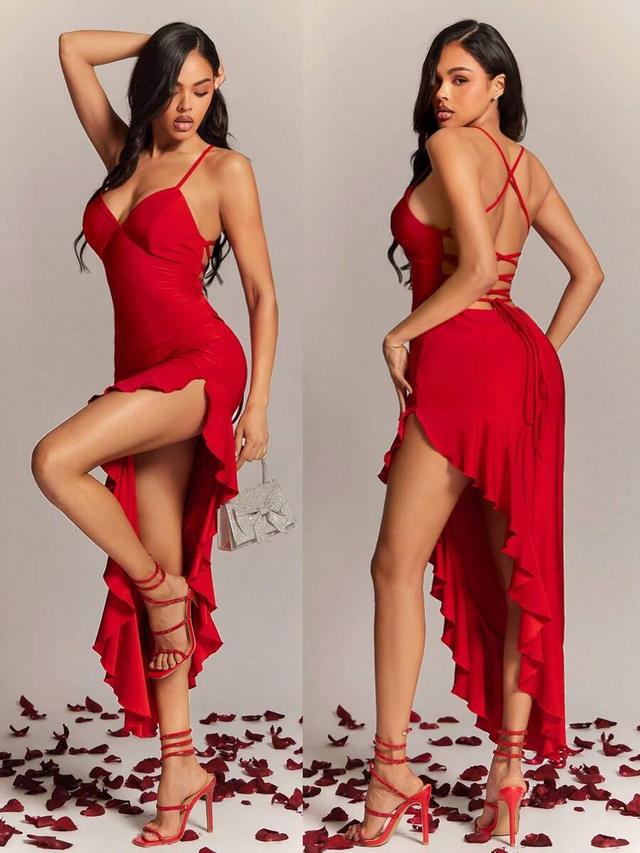 red knitted sleeveless cami maxi dress with ruffle hem