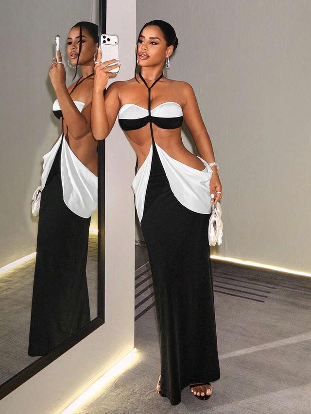 black and white colorblock cutout halter maxi dress