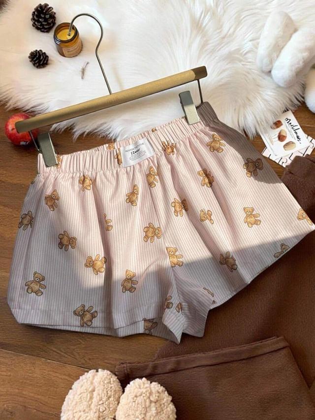 pink and brown cartoon bear print lounge shorts