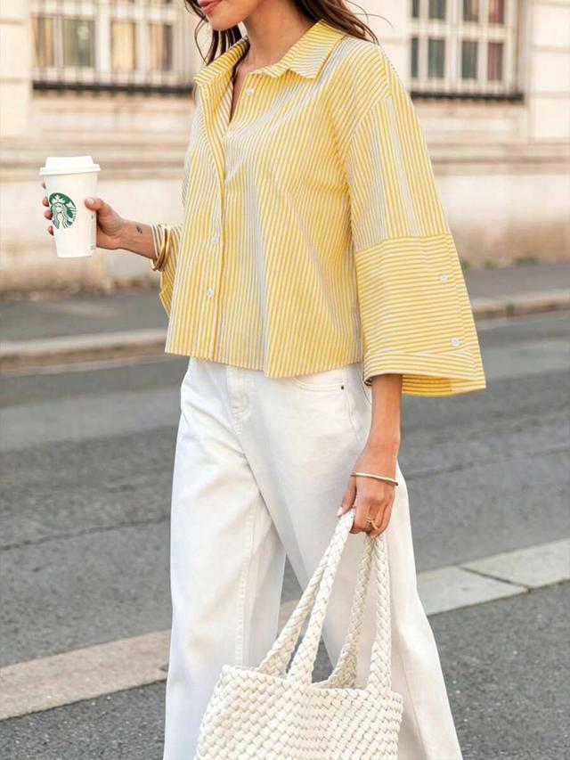 yellow vertical striped casual button-down shirt