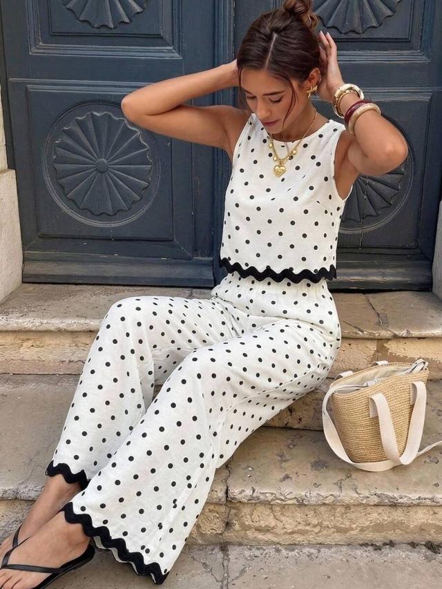 white polka dot tank top and wide leg pants set