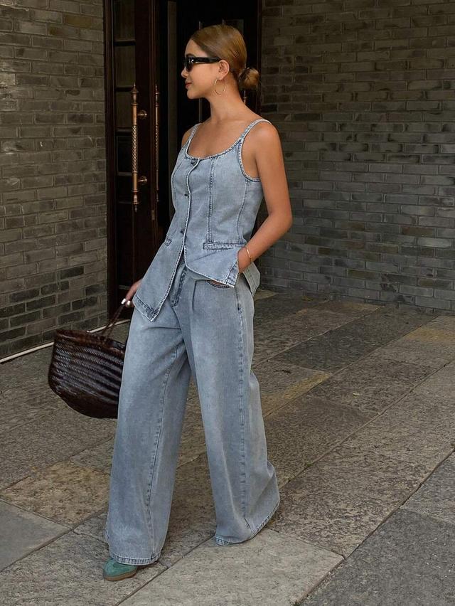 washed denim button-front vest and wide-leg trousers set