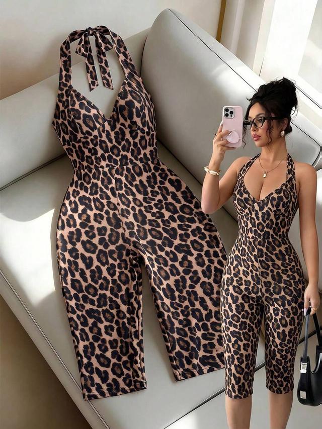 leopard print halter neck jumpsuit