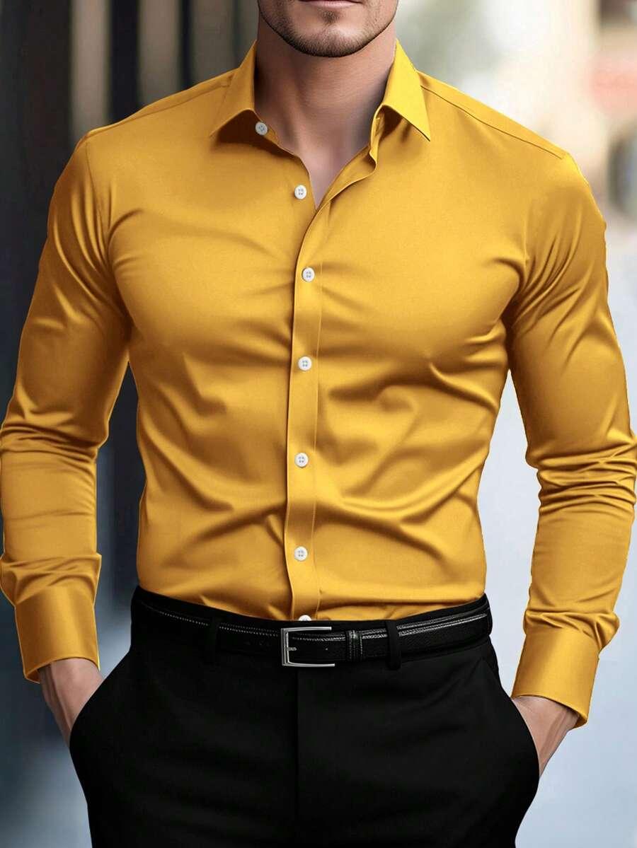 mustard yellow long sleeve slim fit dress shirt