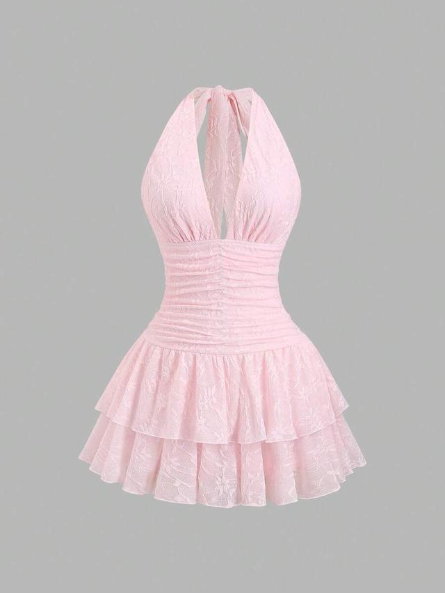 sweetra pink lace textured tie-up mini dress