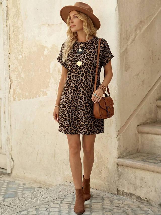 leopard print short sleeve shift dress