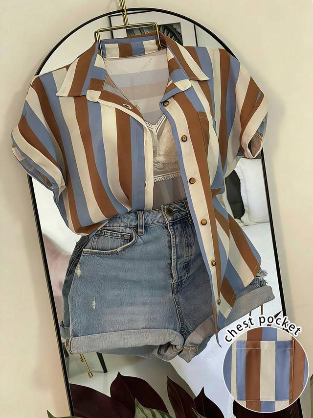 striped short sleeve button down vacation shirt