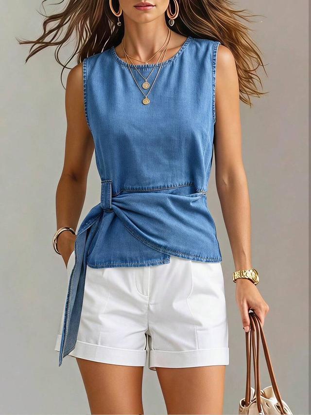 casual round neck denim wrap top in vacation blue