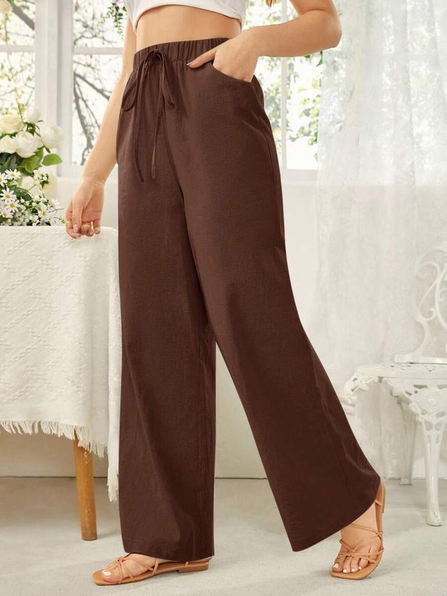 brown solid color waist tie wide leg pants
