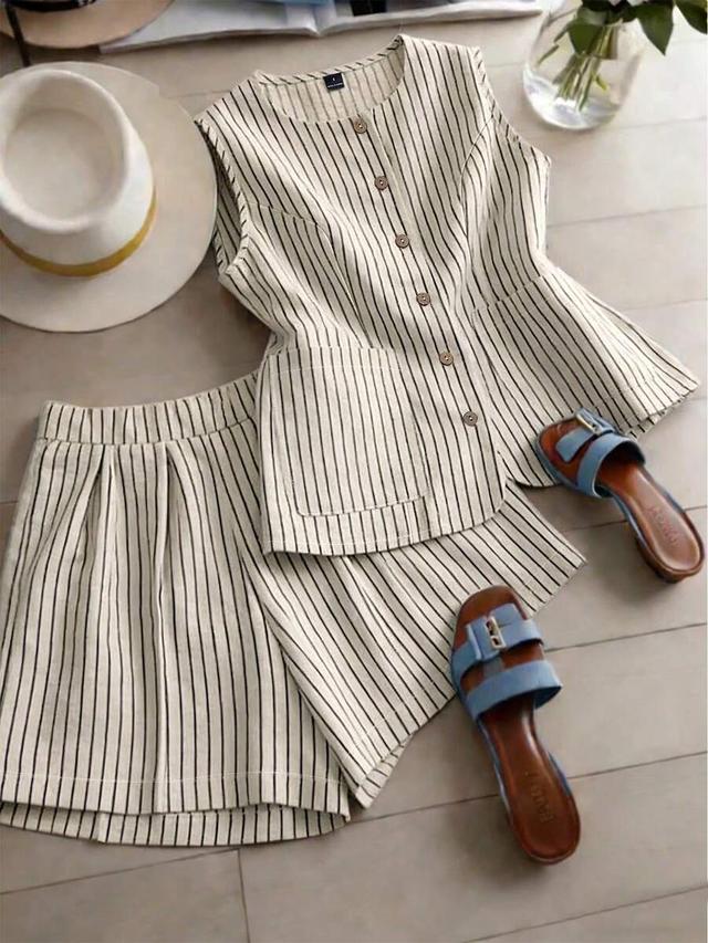 woven summer striped two piece set