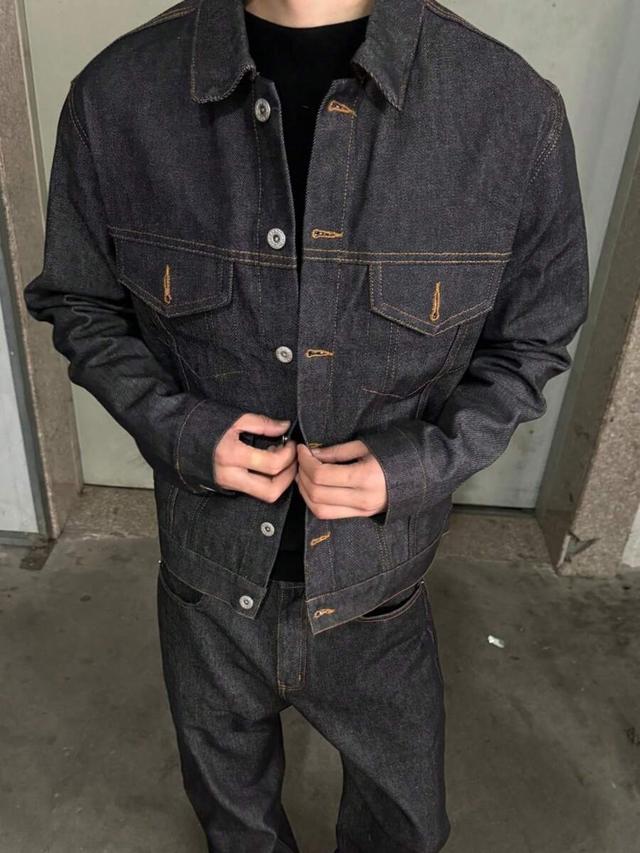 men's black denim jacket with contrast stitching