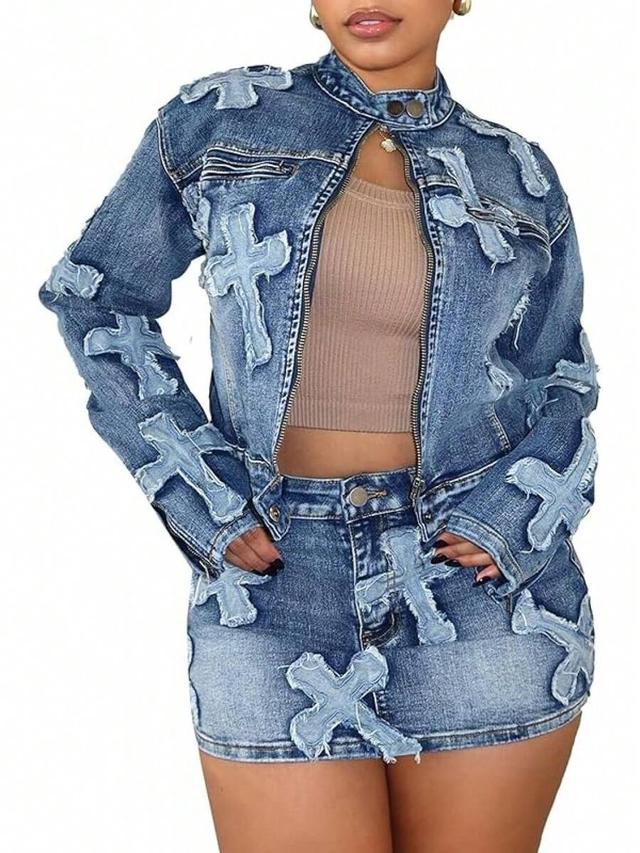 y2k denim zip up jacket and mini skirt set